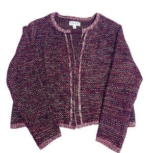 Elle Tweed Open Knit Cardigan Sweater Jacket Womens Size L Pink Black Office